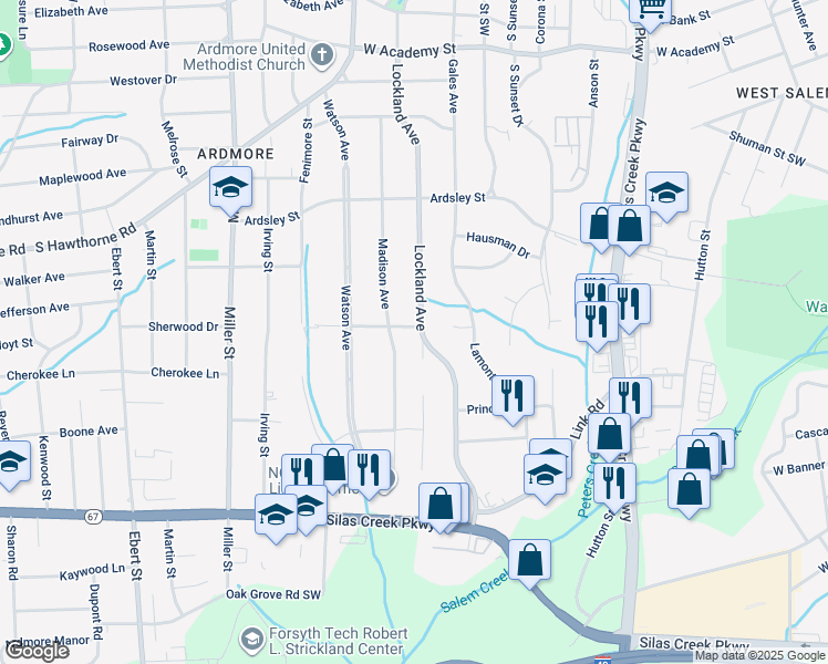 map of restaurants, bars, coffee shops, grocery stores, and more near 1100 Lockland Avenue in Winston-Salem