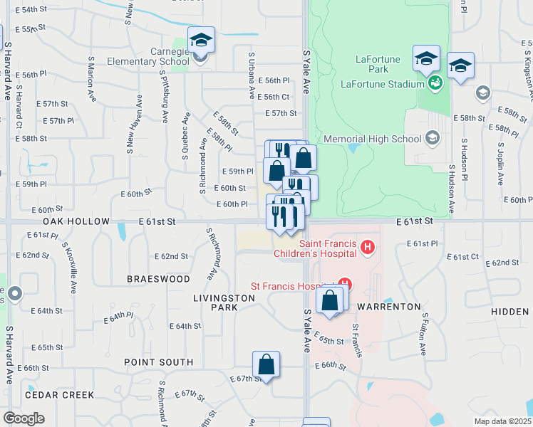 map of restaurants, bars, coffee shops, grocery stores, and more near 6011 South Urbana Avenue in Tulsa