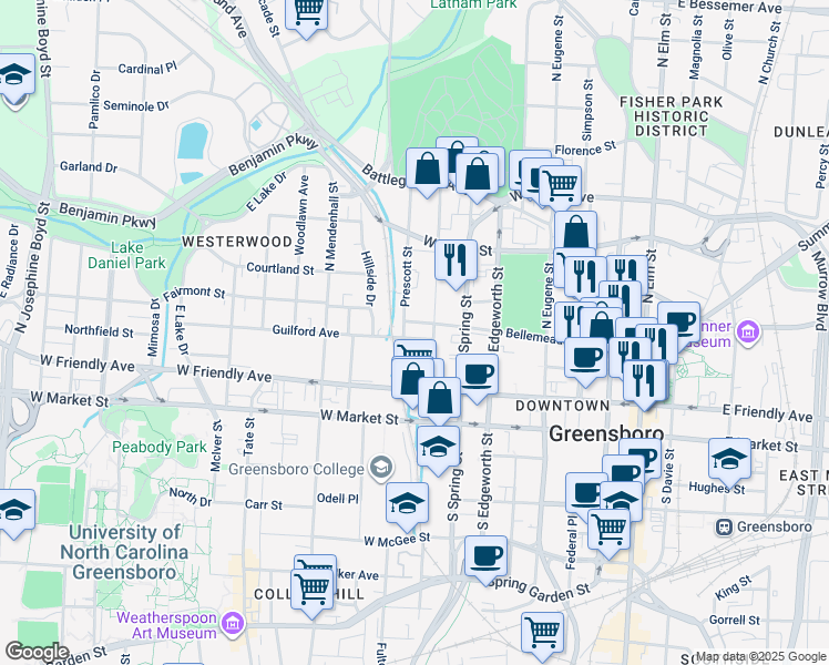 map of restaurants, bars, coffee shops, grocery stores, and more near 229 North Cedar Street in Greensboro