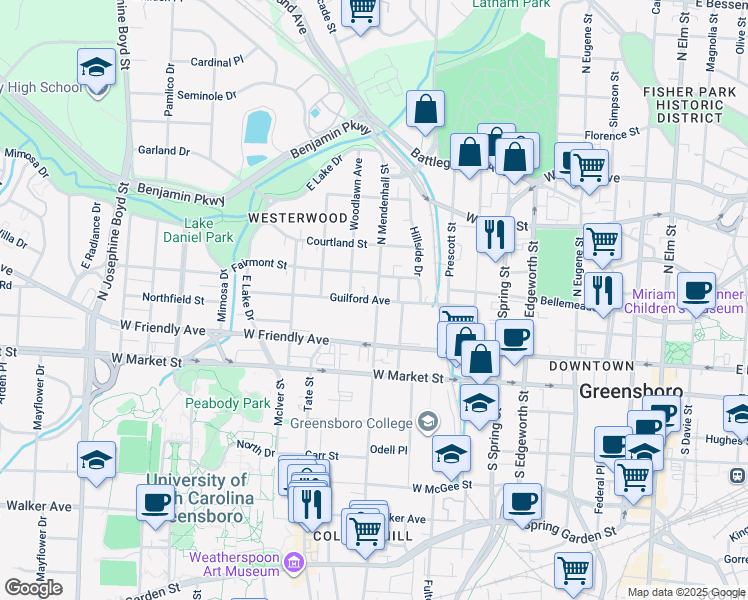 map of restaurants, bars, coffee shops, grocery stores, and more near 1000 West Friendly Avenue in Greensboro