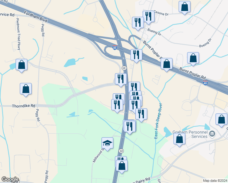 map of restaurants, bars, coffee shops, grocery stores, and more near 238 North Carolina 68 in Greensboro