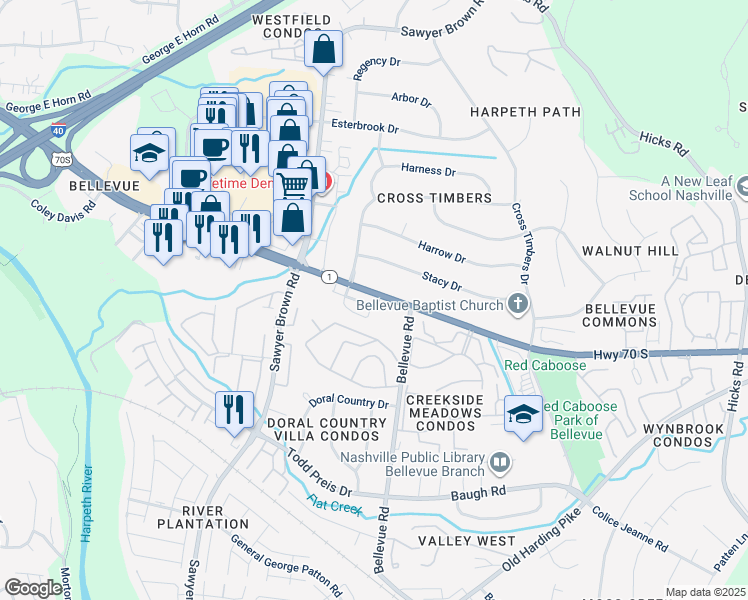map of restaurants, bars, coffee shops, grocery stores, and more near 638 Parkvue Place Drive in Nashville