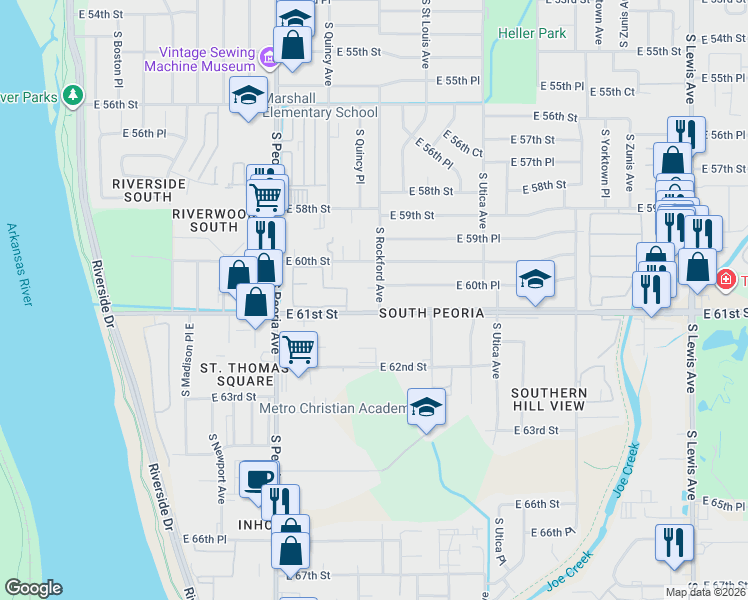 map of restaurants, bars, coffee shops, grocery stores, and more near 1380 East 61st Street in Tulsa