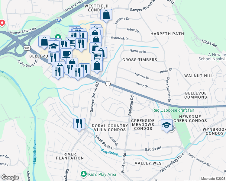 map of restaurants, bars, coffee shops, grocery stores, and more near 616 Parkvue Place Drive in Nashville