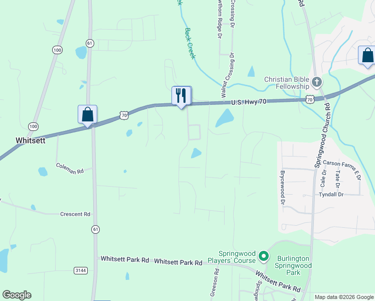 map of restaurants, bars, coffee shops, grocery stores, and more near 119 Cape Fear Drive in Whitsett