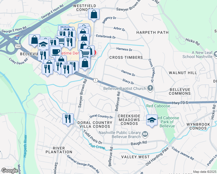map of restaurants, bars, coffee shops, grocery stores, and more near 7477 Highway 70 South in Nashville
