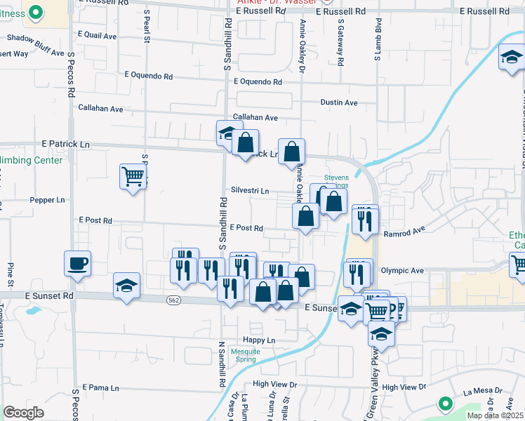 map of restaurants, bars, coffee shops, grocery stores, and more near 6225 Annie Oakley Drive in Las Vegas