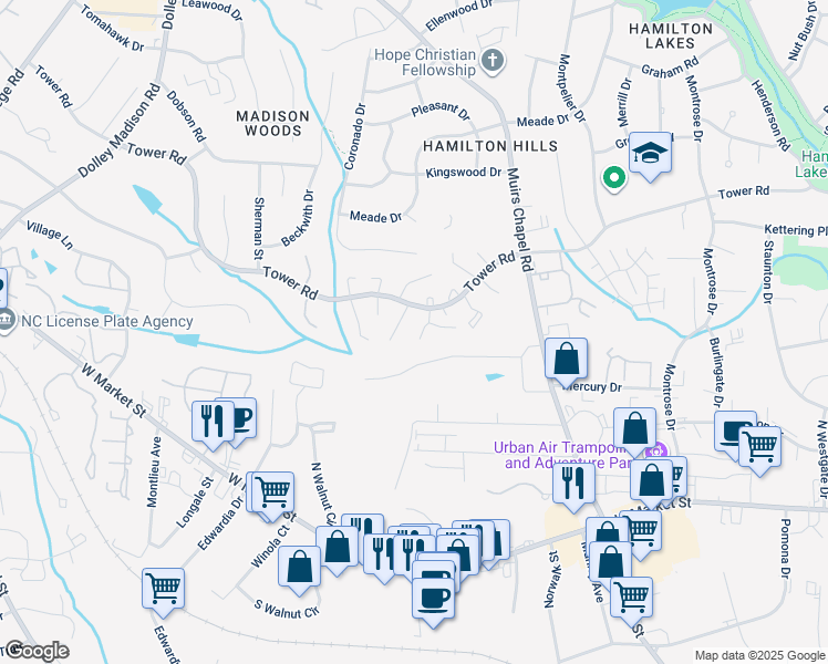 map of restaurants, bars, coffee shops, grocery stores, and more near 4849 Tower Road in Greensboro