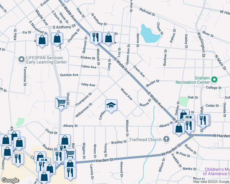 map of restaurants, bars, coffee shops, grocery stores, and more near 1720 Whitsett Street in Burlington
