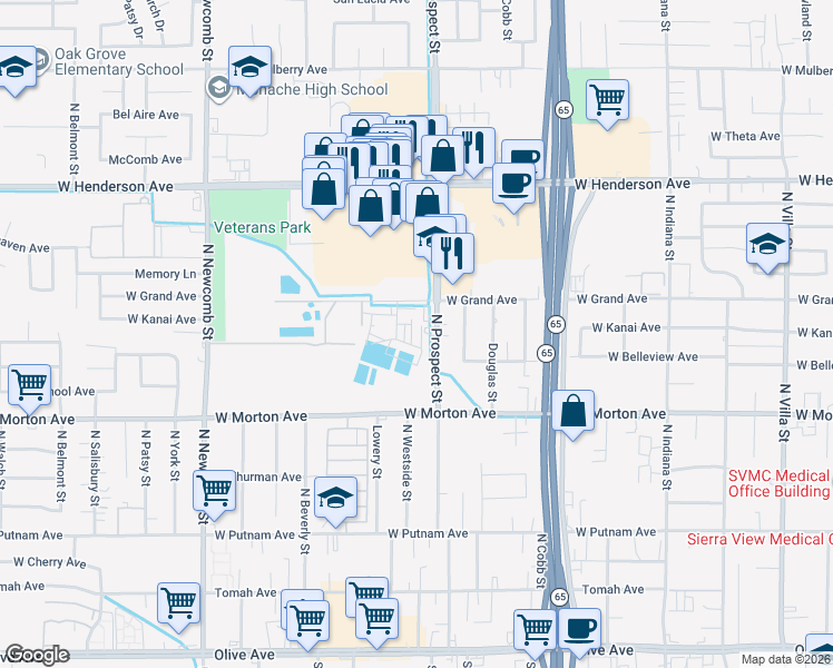 map of restaurants, bars, coffee shops, grocery stores, and more near 543 North Prospect Street in Porterville