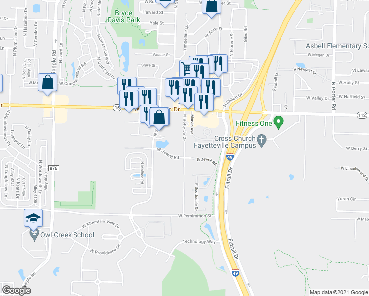 map of restaurants, bars, coffee shops, grocery stores, and more near 742 North Betty Jo Drive in Fayetteville