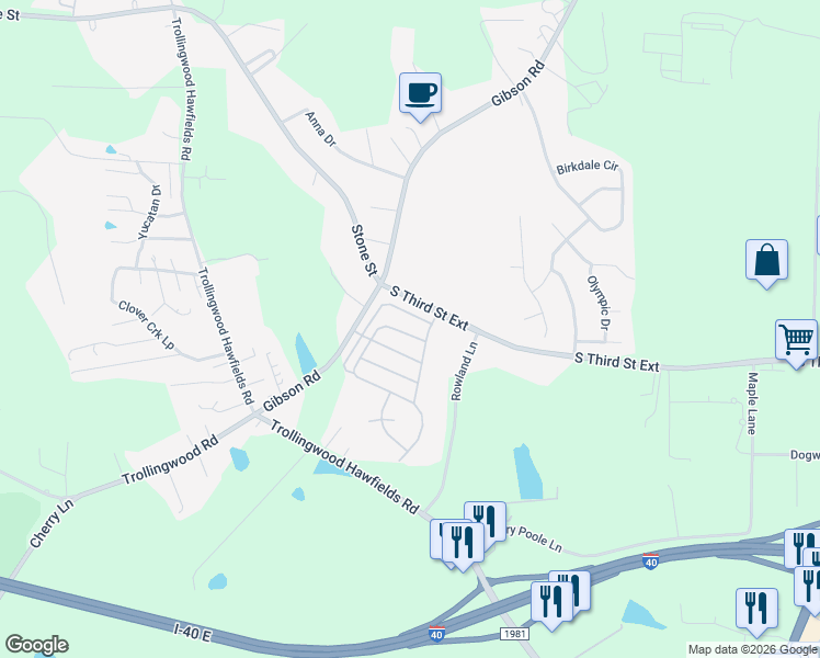 map of restaurants, bars, coffee shops, grocery stores, and more near 1106 Copper Circle in Mebane