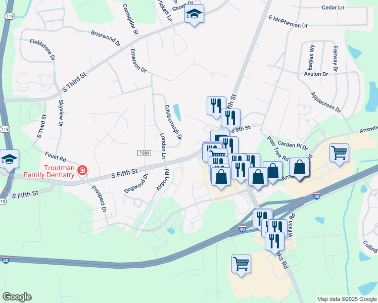 map of restaurants, bars, coffee shops, grocery stores, and more near 942 South 5th Street in Mebane