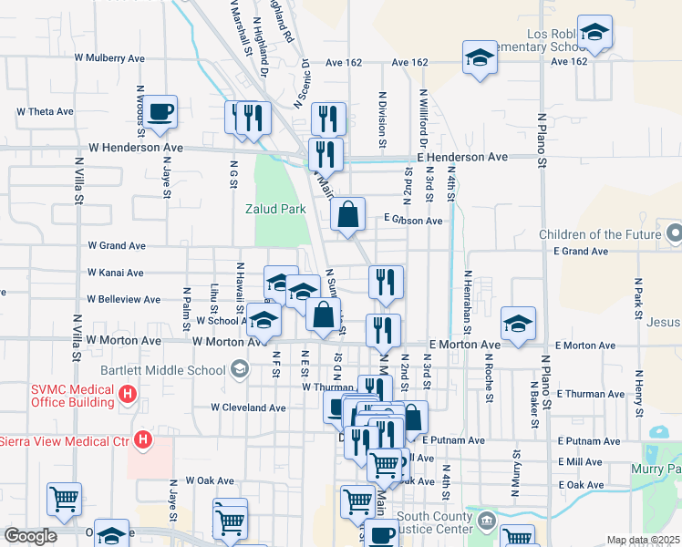 map of restaurants, bars, coffee shops, grocery stores, and more near 558 North Sunnyside Street in Porterville