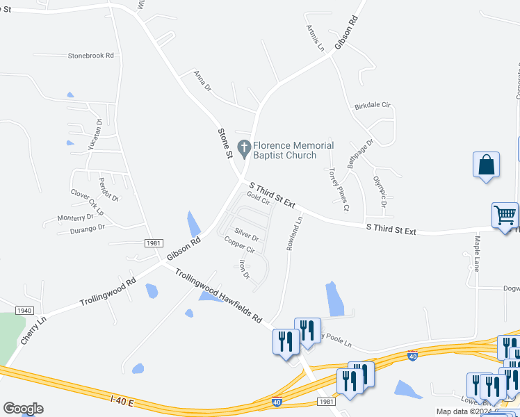 map of restaurants, bars, coffee shops, grocery stores, and more near 1106 Copper Circle in Mebane