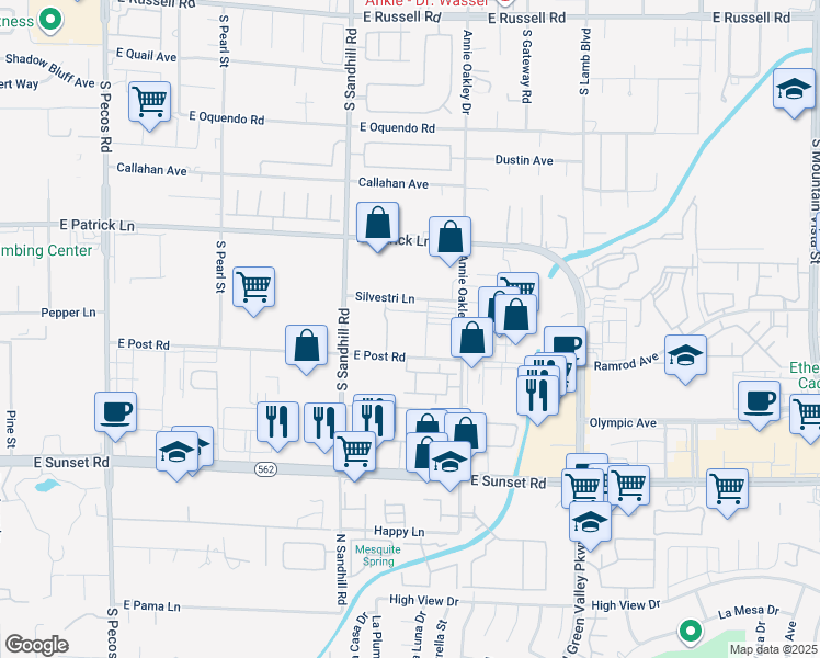 map of restaurants, bars, coffee shops, grocery stores, and more near 6225 Annie Oakley Drive in Las Vegas