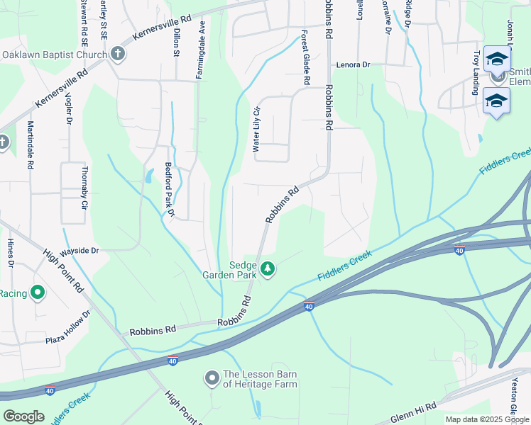 map of restaurants, bars, coffee shops, grocery stores, and more near 354 Robbins Road in Winston-Salem