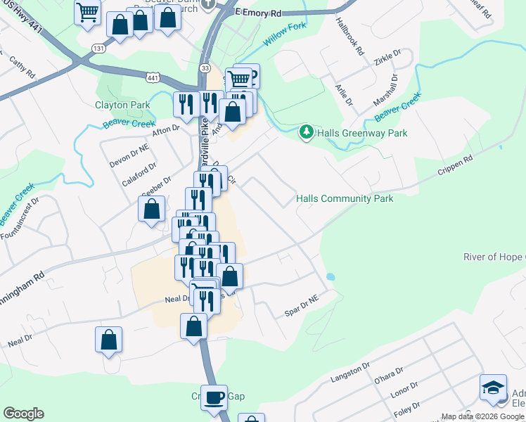 map of restaurants, bars, coffee shops, grocery stores, and more near Doris Circle in Knoxville
