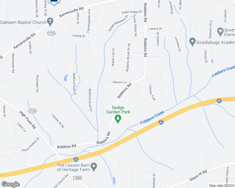 map of restaurants, bars, coffee shops, grocery stores, and more near 354 Robbins Road in Winston-Salem