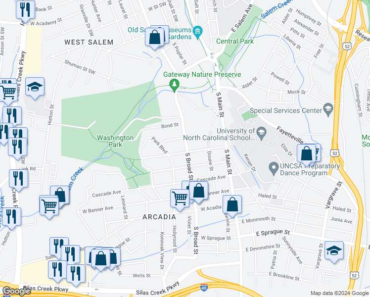 map of restaurants, bars, coffee shops, grocery stores, and more near 1634 South Broad Street in Winston-Salem