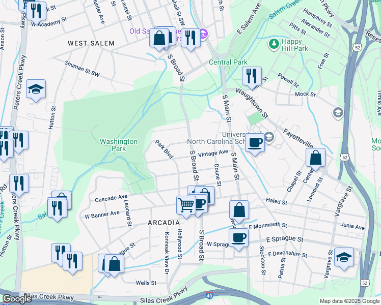 map of restaurants, bars, coffee shops, grocery stores, and more near 1634 South Broad Street in Winston-Salem