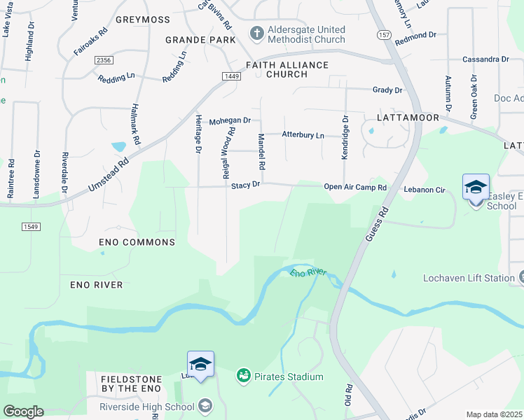 map of restaurants, bars, coffee shops, grocery stores, and more near 1522 Open Air Camp Road in Durham