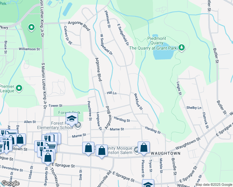 map of restaurants, bars, coffee shops, grocery stores, and more near Hill Lane in Winston-Salem