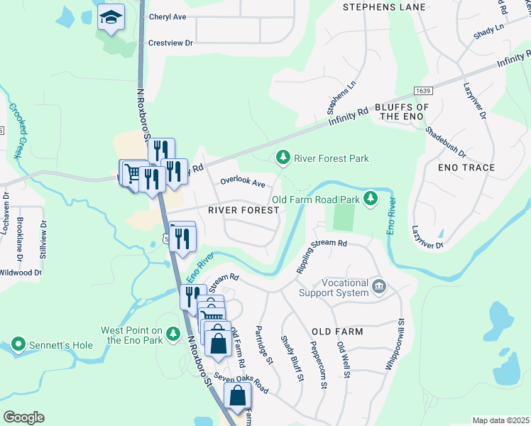 map of restaurants, bars, coffee shops, grocery stores, and more near 4904 Fox Hunt Road in Durham