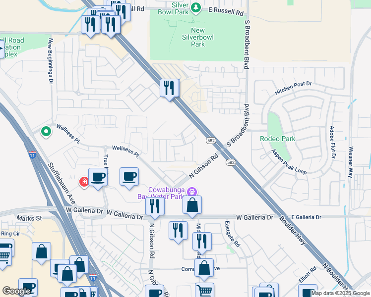 map of restaurants, bars, coffee shops, grocery stores, and more near 6765 Tulip Falls Drive in Henderson