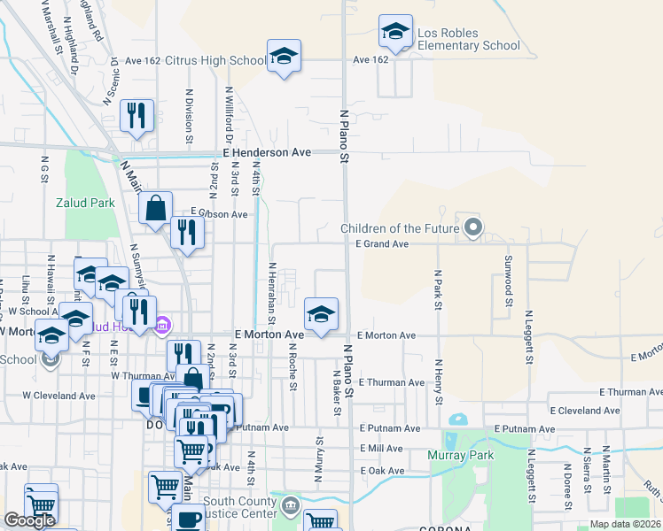 map of restaurants, bars, coffee shops, grocery stores, and more near 360 East Kanai Avenue in Porterville