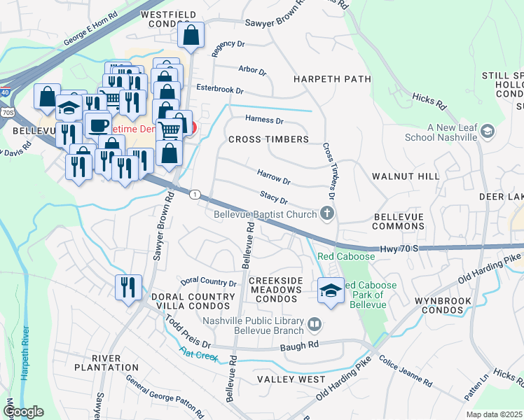 map of restaurants, bars, coffee shops, grocery stores, and more near 7452 Highway 70 South in Nashville
