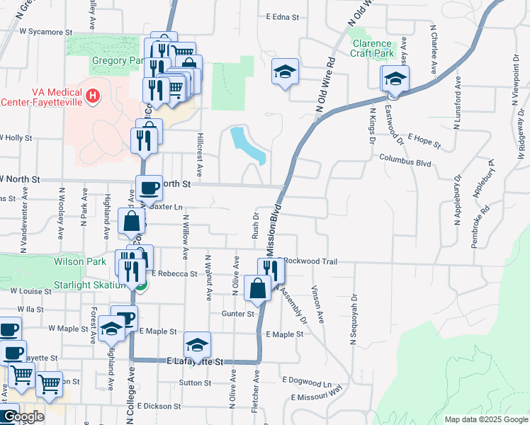 map of restaurants, bars, coffee shops, grocery stores, and more near 970 Rush Drive in Fayetteville