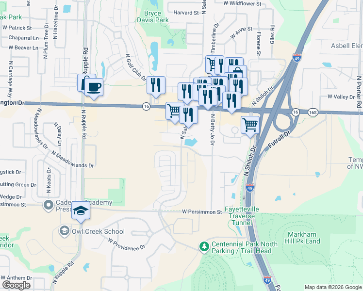 map of restaurants, bars, coffee shops, grocery stores, and more near 3395 North Salem Road in Fayetteville