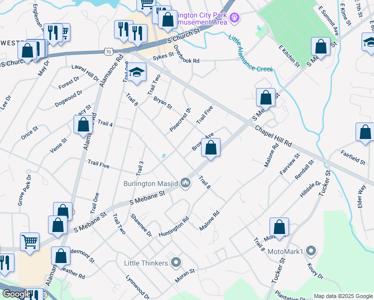 map of restaurants, bars, coffee shops, grocery stores, and more near 1813 Brown Avenue in Burlington