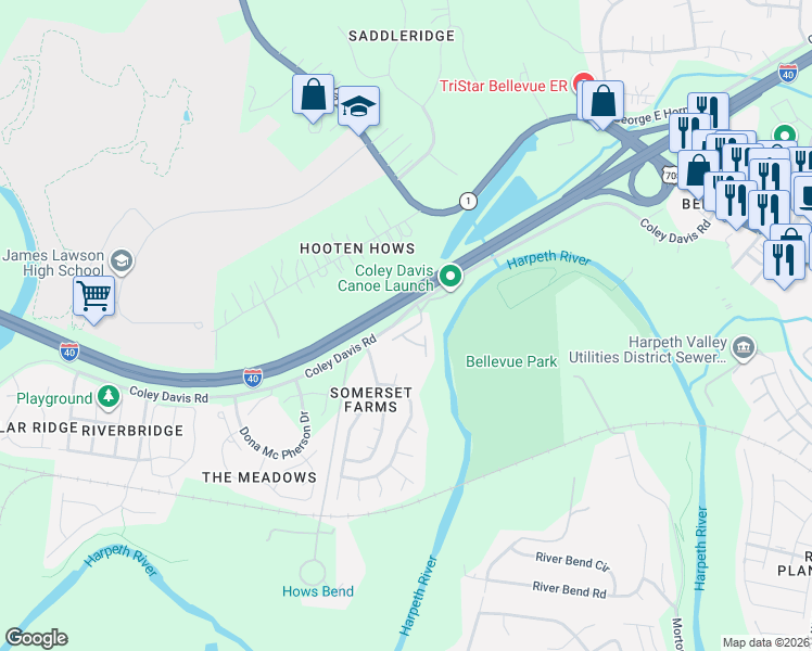 map of restaurants, bars, coffee shops, grocery stores, and more near 2224 Belle Creek Way in Nashville