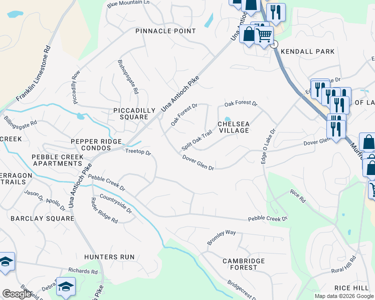 map of restaurants, bars, coffee shops, grocery stores, and more near 3037 Split Oak Trail in Nashville
