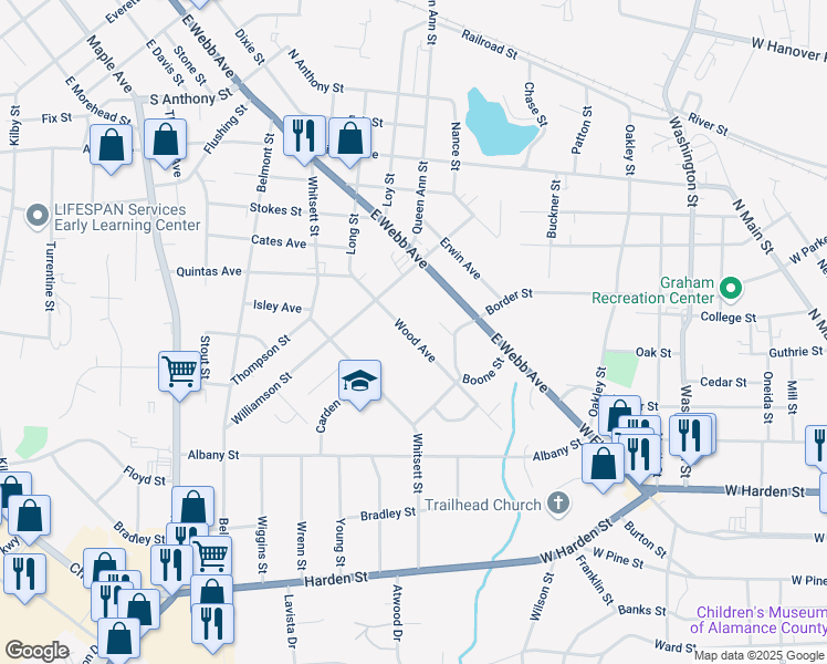 map of restaurants, bars, coffee shops, grocery stores, and more near 1730 Wood Avenue in Burlington