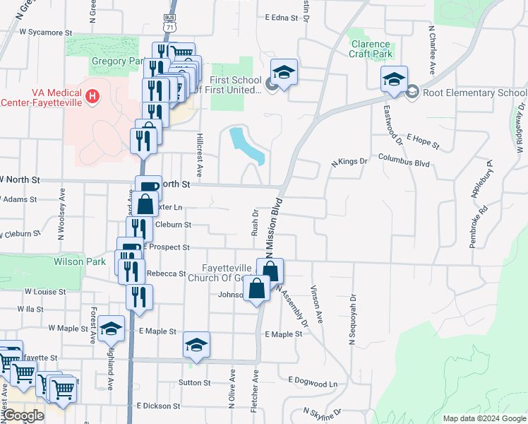map of restaurants, bars, coffee shops, grocery stores, and more near 970 Rush Drive in Fayetteville