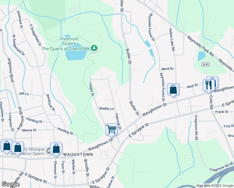 map of restaurants, bars, coffee shops, grocery stores, and more near 2040 Aveson Court in Winston-Salem