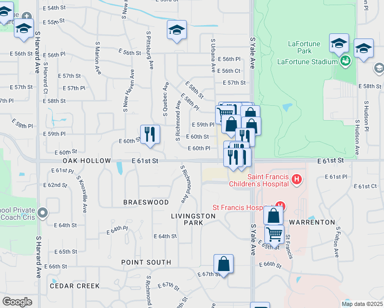 map of restaurants, bars, coffee shops, grocery stores, and more near 4327 East 60th Place in Tulsa