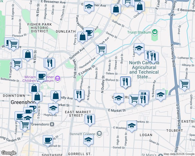 map of restaurants, bars, coffee shops, grocery stores, and more near 415 North Dudley Street in Greensboro