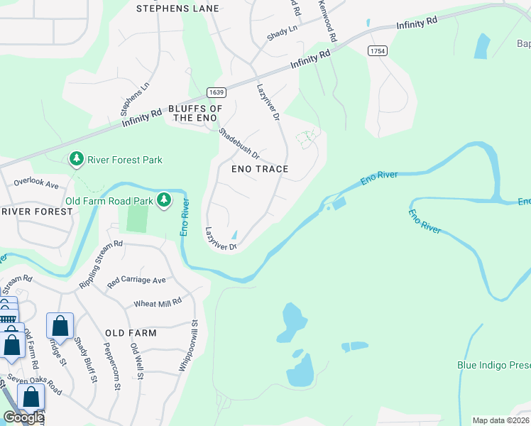 map of restaurants, bars, coffee shops, grocery stores, and more near 4519 Lazyriver Drive in Durham