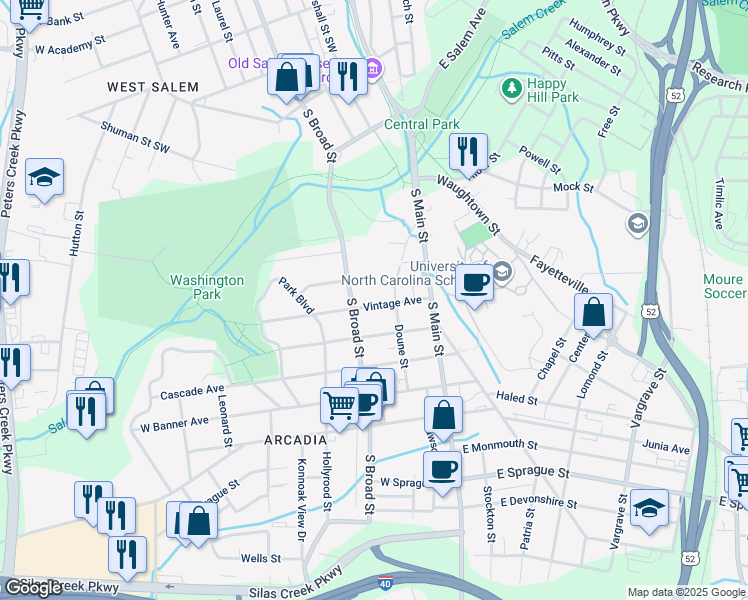 map of restaurants, bars, coffee shops, grocery stores, and more near 117 Vintage Avenue in Winston-Salem
