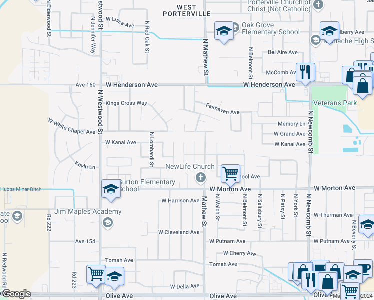 map of restaurants, bars, coffee shops, grocery stores, and more near 544 North Fir Way in Porterville