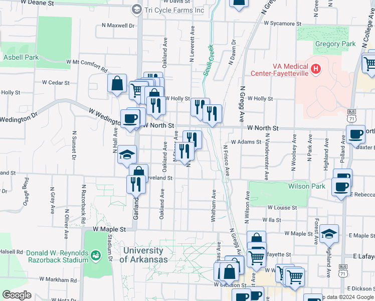map of restaurants, bars, coffee shops, grocery stores, and more near 802 West Berry Street in Fayetteville