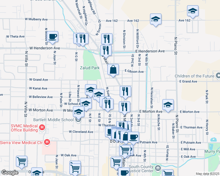 map of restaurants, bars, coffee shops, grocery stores, and more near 633 Loop Drive in Porterville