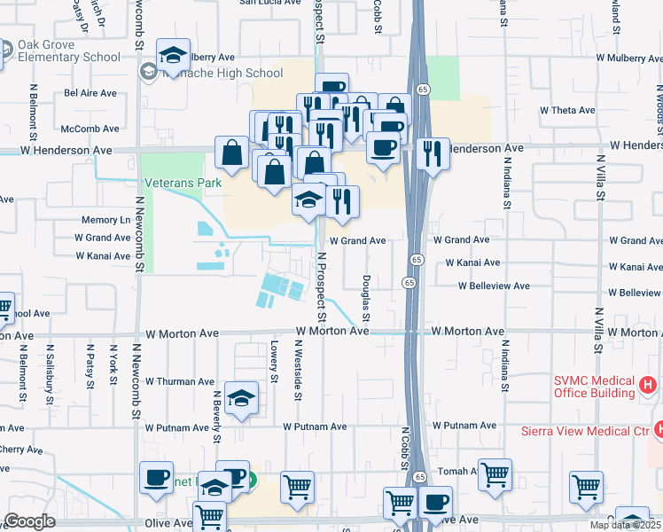 map of restaurants, bars, coffee shops, grocery stores, and more near 595 North Maston Street in Porterville