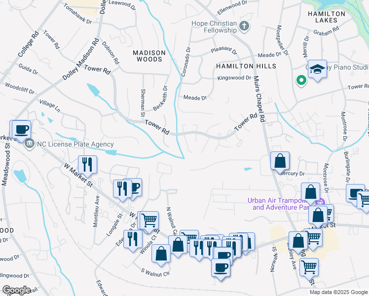 map of restaurants, bars, coffee shops, grocery stores, and more near 4923 Tower Road in Greensboro
