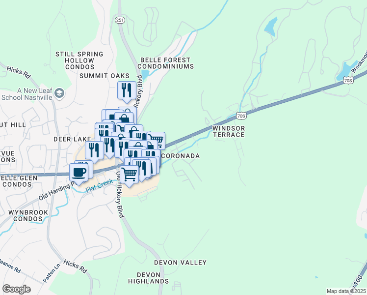 map of restaurants, bars, coffee shops, grocery stores, and more near 6961 Highway 70 South in Nashville