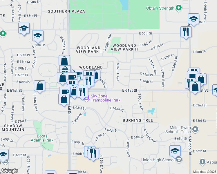 map of restaurants, bars, coffee shops, grocery stores, and more near 5936 South 87th East Avenue South in Tulsa